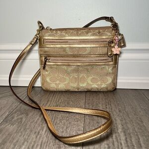 Coach Metallic Beige Signature Crossbody Bag with Floral Charm